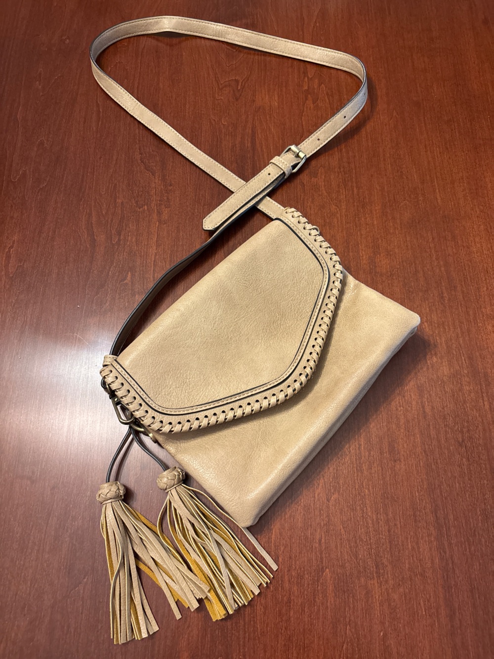 Neutral Tan Whipstitch Crossbody Bag with Tassels - Women